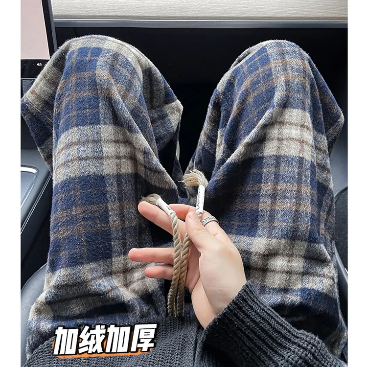 毛呢格子裤男秋冬加绒加厚宽松直筒休闲长裤潮牌美式青少年阔腿裤