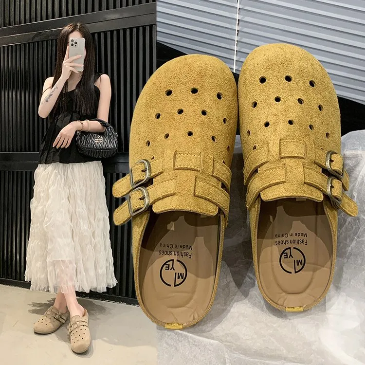 2025秋夏季反绒软底舒适真皮包头拖半拖女鞋外穿洞洞鞋凉鞋勃肯鞋