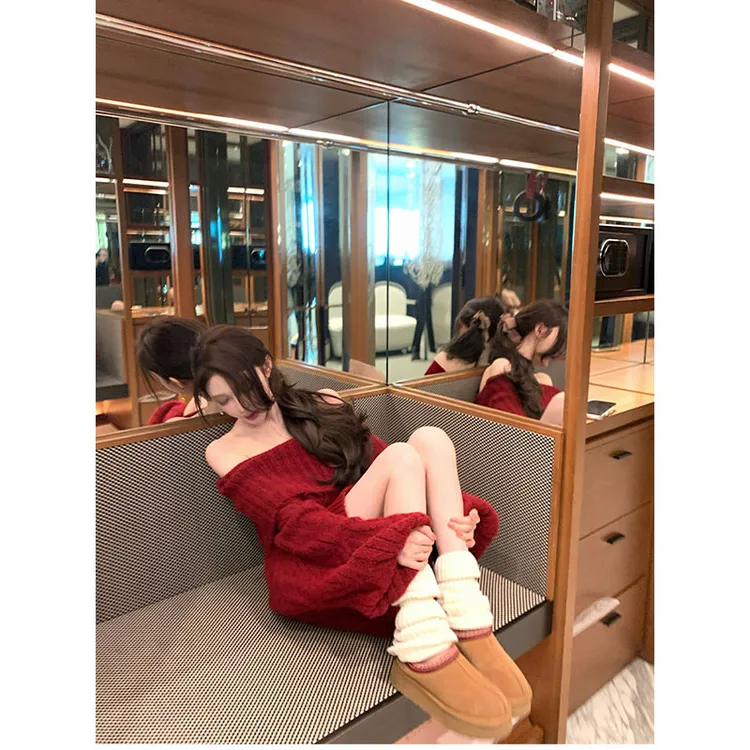 【甜酒朗姆】秋冬时尚洋气法式慵懒感休闲宽松一字肩麻花毛衣上衣女