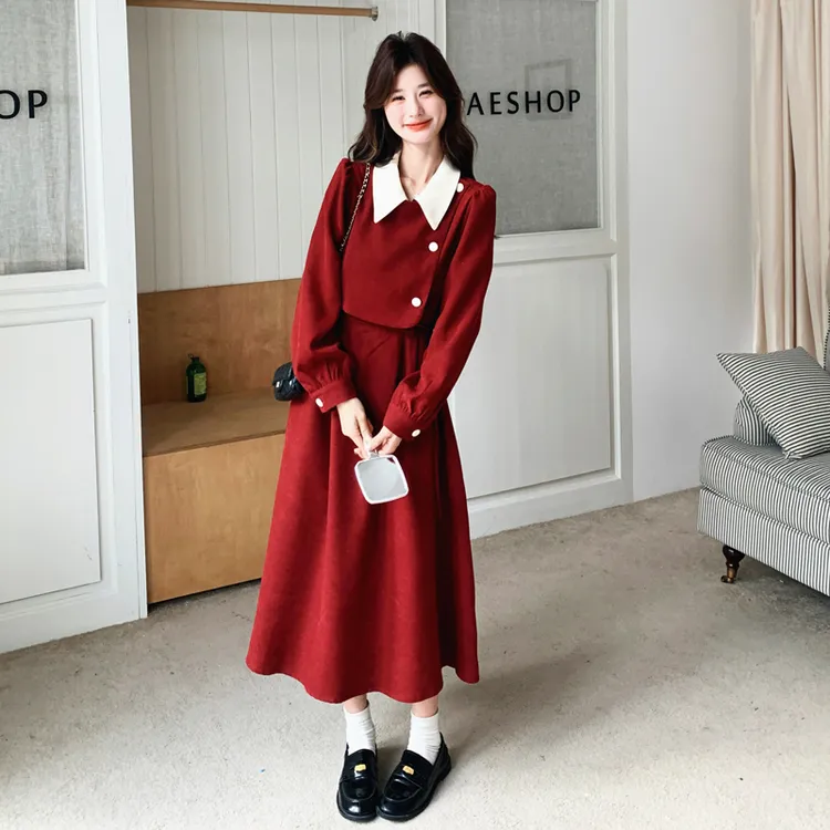 法式高级感红色千金感连衣裙女2025秋季新款小个子精致收腰A字裙