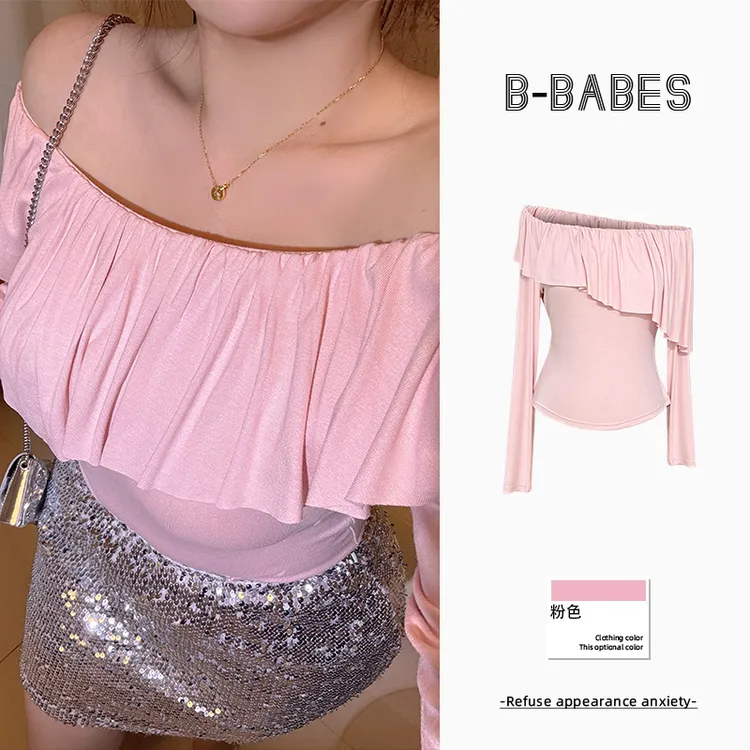 B-babes【桃子汽水】不规则长袖t恤女气质纯欲风辣妹性感露肩上衣