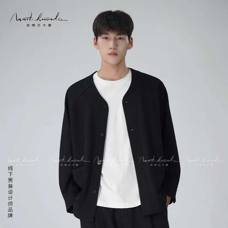 北纬三十度空气层无领衬衫式外套男装秋季新品简约阔版百搭外套