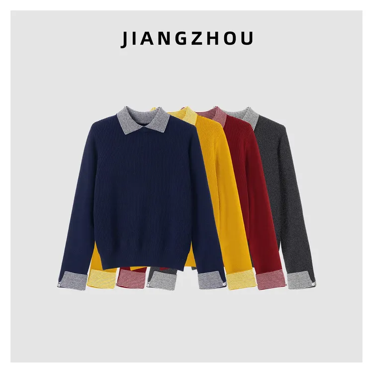 江洲JIANGZ条纹拼接翻领长袖针织衫女秋新款内搭打底毛衣气质减龄