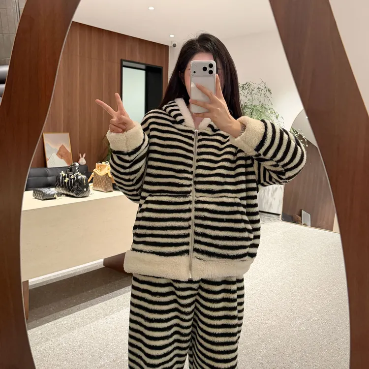 宿慕SUMU 冬季新款加厚保暖条纹居家服套装12-12舒适睡衣套装026
