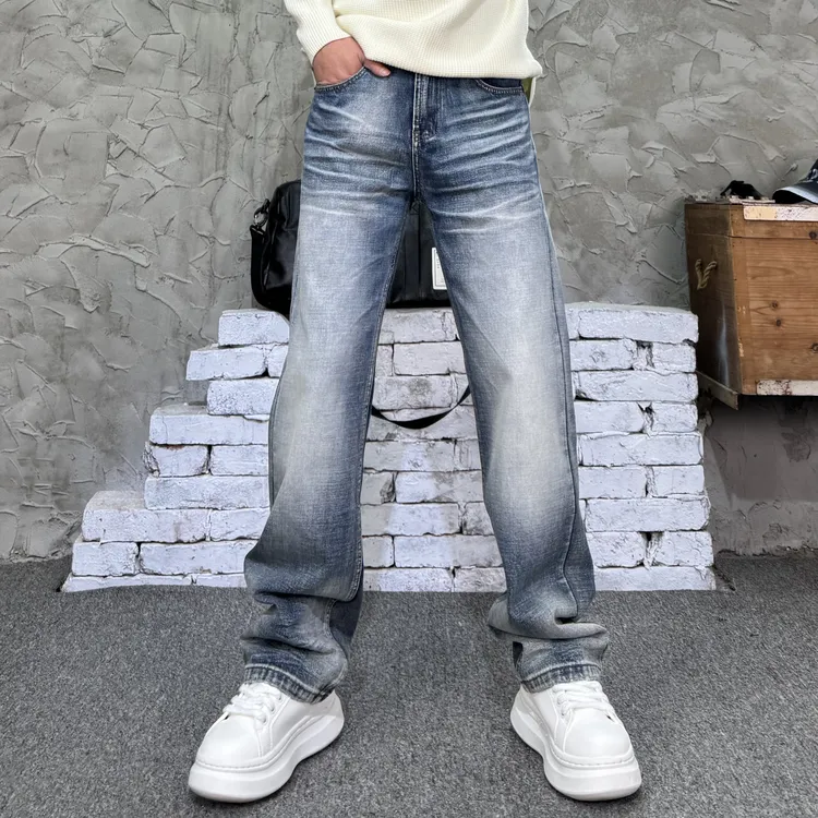 春秋季宽松直筒牛仔裤美式潮男猫须高街复古简约百搭中腰做旧蓝色