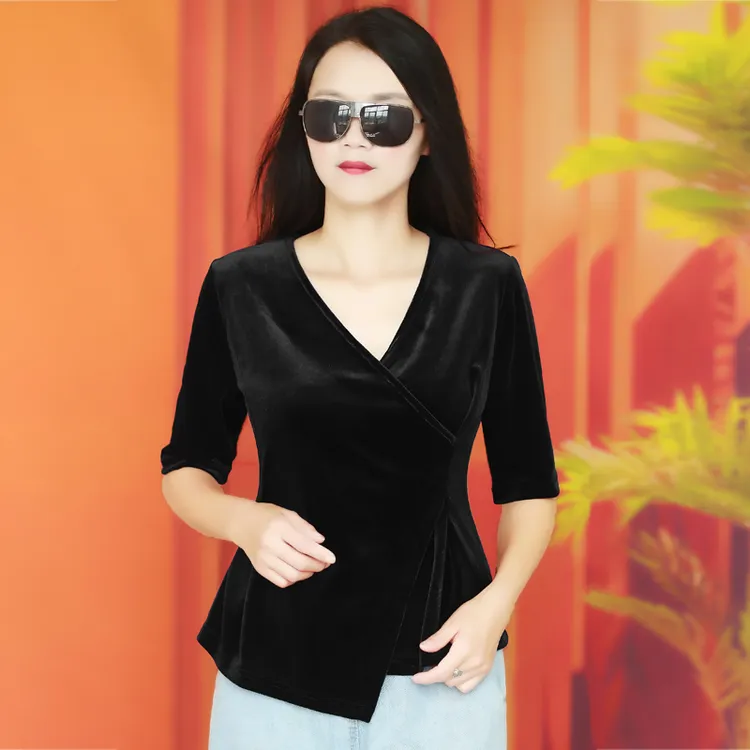 交叉V领中袖金丝绒春季新款上衣半袖t恤五分袖显瘦修身打底衫女装