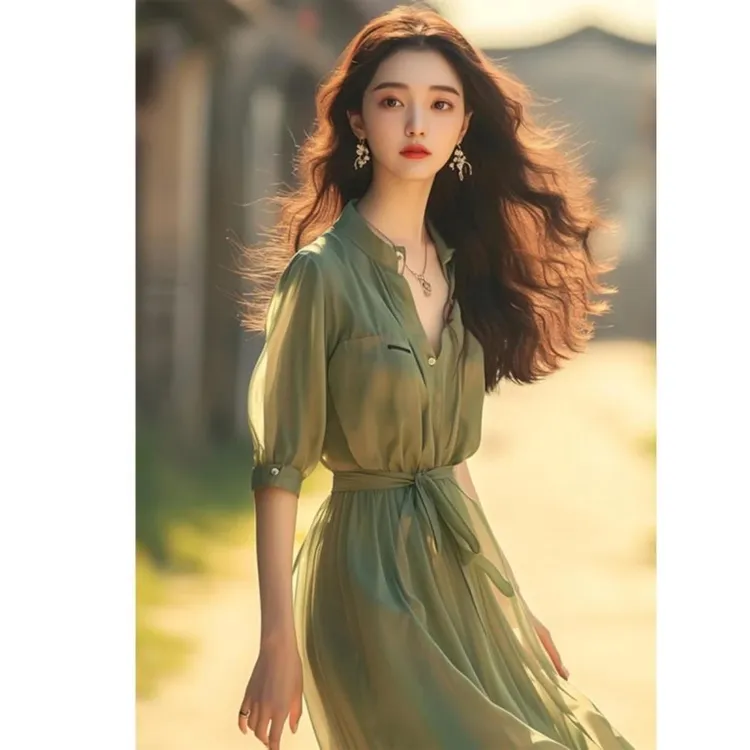 女款高端气质雪纺小众2025新款女装夏季感衬衫式时尚配腰带长裙