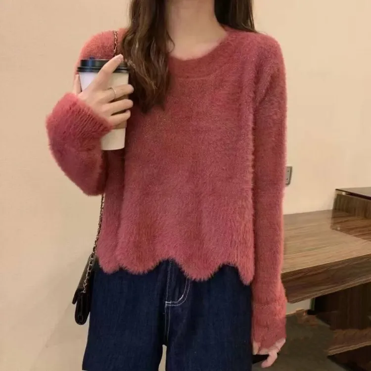 水貂绒毛衣女宽松外穿秋冬2025新款韩版套头慵懒风短款上衣针织衫