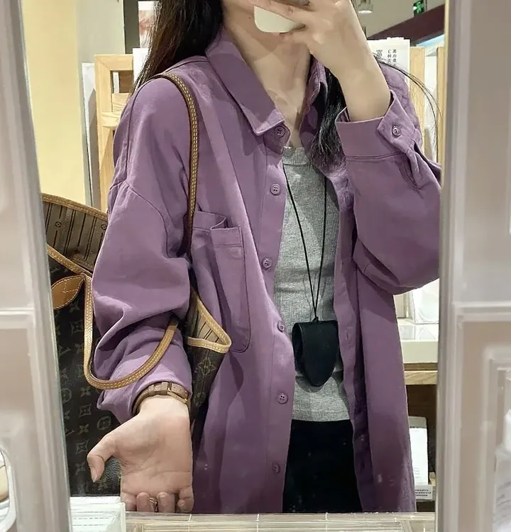 斜纹棉紫色衬衫女上衣内搭秋冬季叠穿衬衣韩系外套早秋上衣长袖