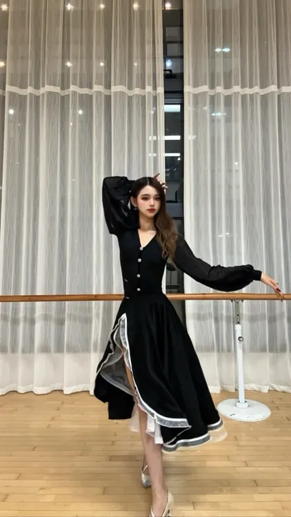 华尔兹长袖舞服新款上衣表演大摆交谊舞裙摩登舞裙摩登舞新款女裙