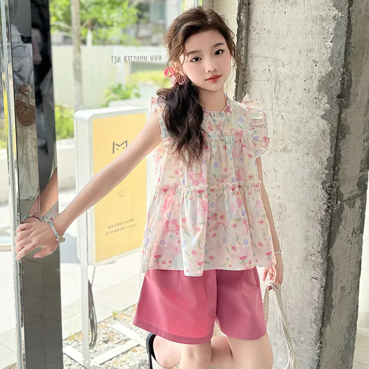 女童夏季洋气套装2025儿童韩版休闲碎花衬衫短裤时髦两件套中大童