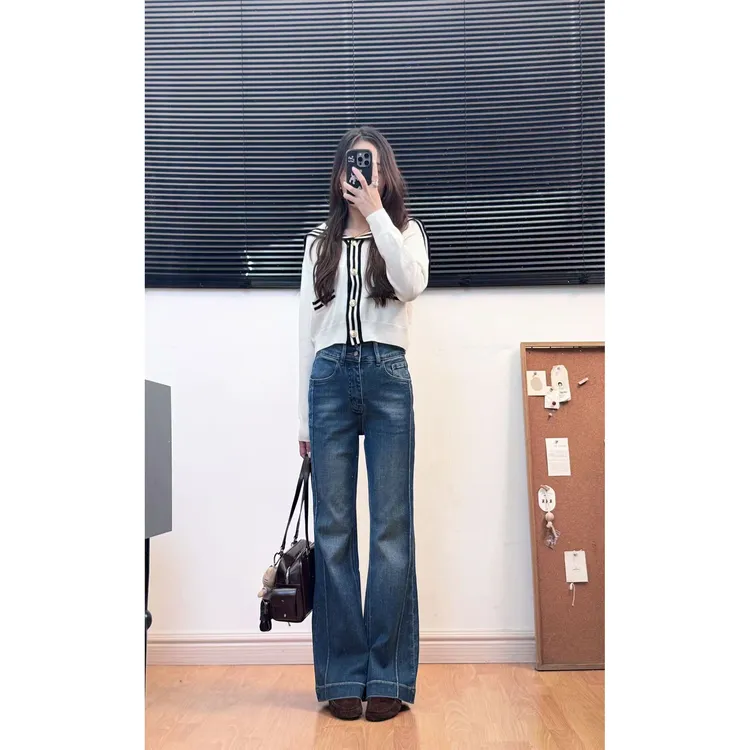 【西西里】长腿牛仔裤复古解构主义高腰修容三芯纱弹力微喇裤女