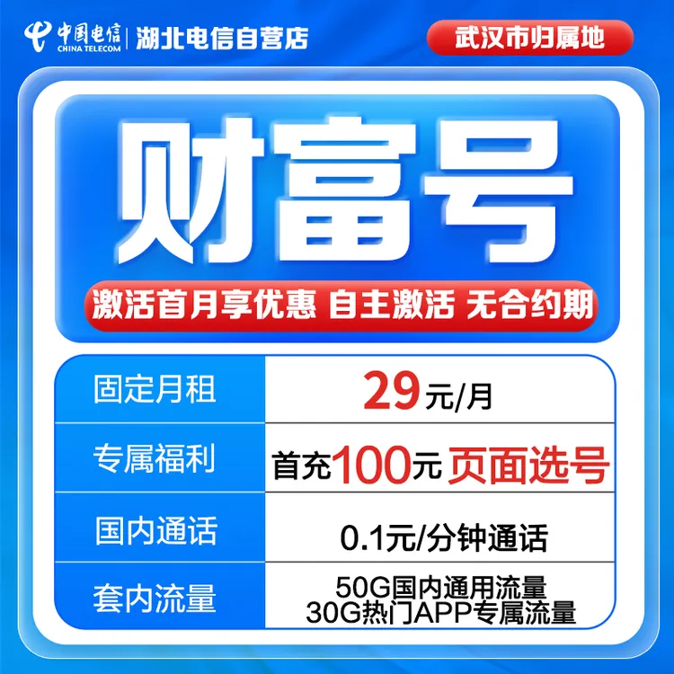 【可选号武汉市】湖北电信流量星卡29元全国号卡手机上网套餐归属地