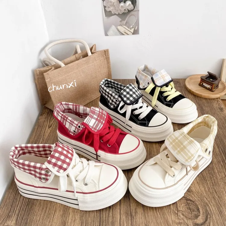小众设计两穿格纹高帮帆布鞋女2025秋季爆款厚底ins休闲百搭板鞋