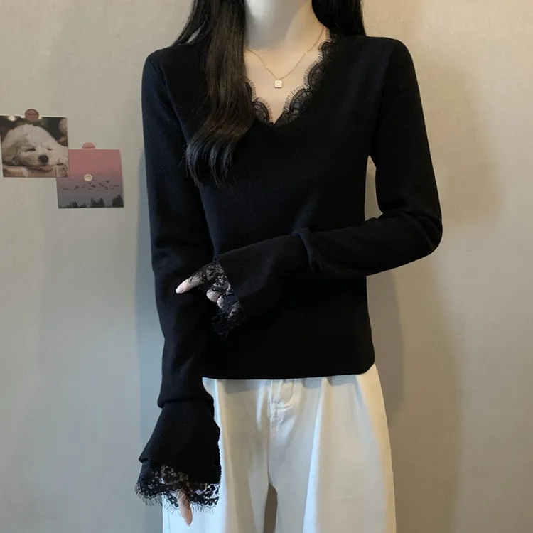 大码胖mm蕾丝拼接设计感V领针织衫减龄显瘦上衣