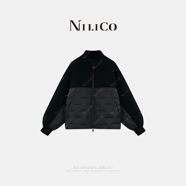 NILICO【浪漫格调】简约休闲立领双开拉链撞料拼接蝙蝠袖鹅绒服