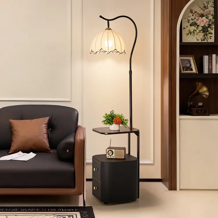 中古风床头柜落地灯客厅沙发旁卧室氛围感复古立式台灯一体置物架