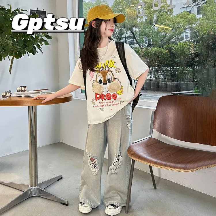 GPTSu女童夏装套装2025新款女大童短袖T恤阔腿裤牛仔裤夏季两件套