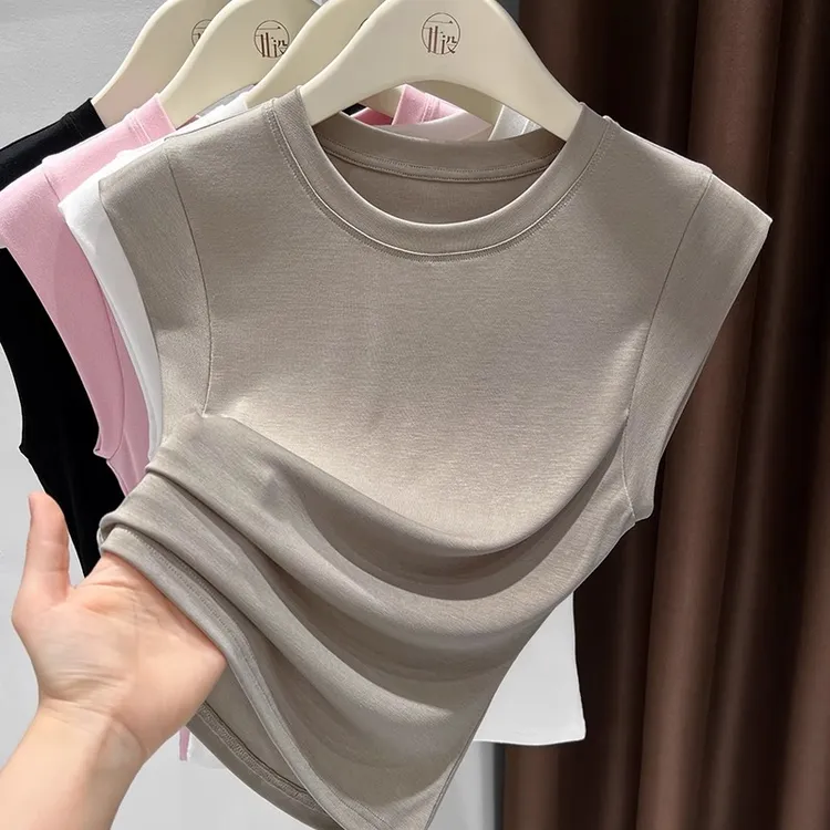 冰丝莫代尔咖色修身t恤女短款小飞袖透气凉感高腰小个子精致上衣