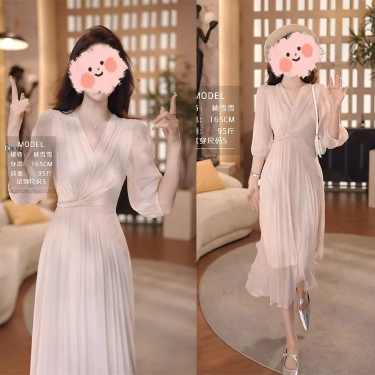 夏季新款高腰显瘦遮肉连衣裙法式仙气质皮粉色气质中长裙子潮ins