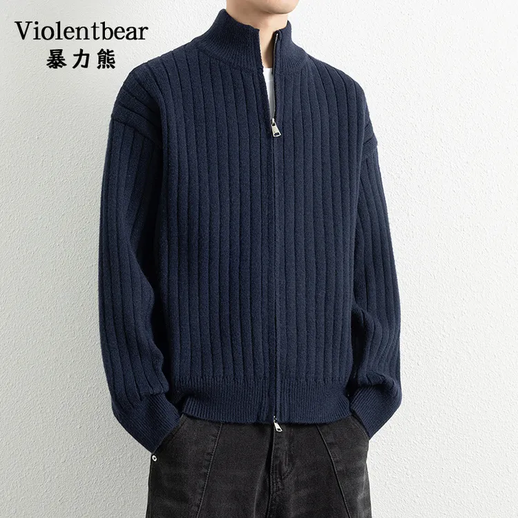 暴力熊新款立领拉链针织开衫男士休闲百搭毛衣外套坑条针织衫男