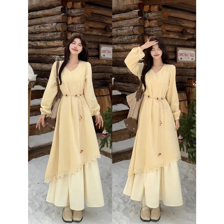 MO88ZSPF法式温柔风长袖连衣裙女2025秋冬千金感假两件长款裙子