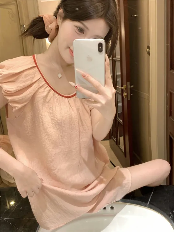 夏季纯色长裙睡衣家居服套装显瘦设计感时尚甜美短裤薄款