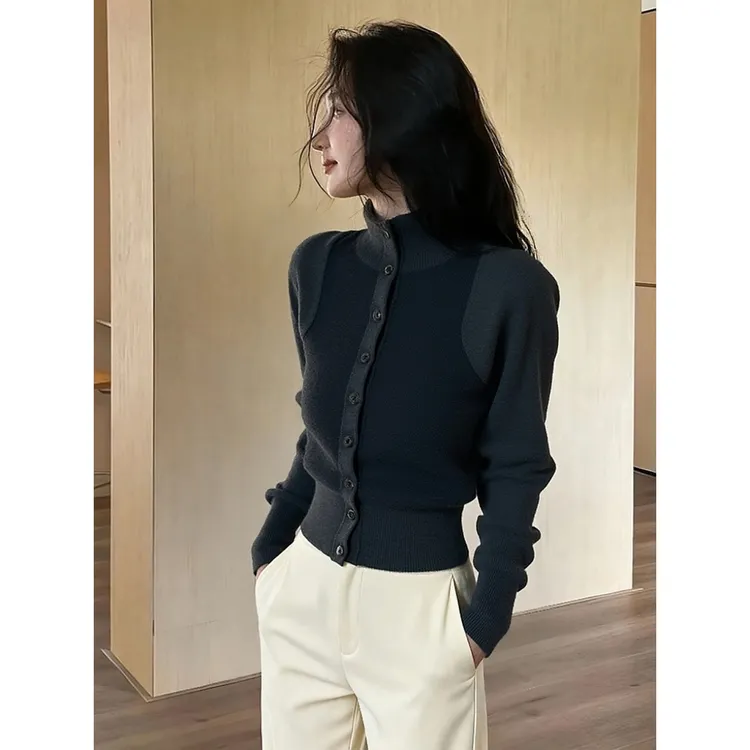 修身内搭高领针织开衫女秋冬巨好看灰色毛衣外套收腰长袖上衣打底