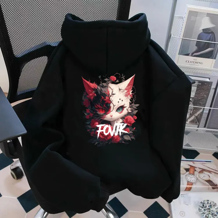 重磅加绒加厚连帽卫衣高街猫咪印花男女同款秋冬休闲宽松男女外套