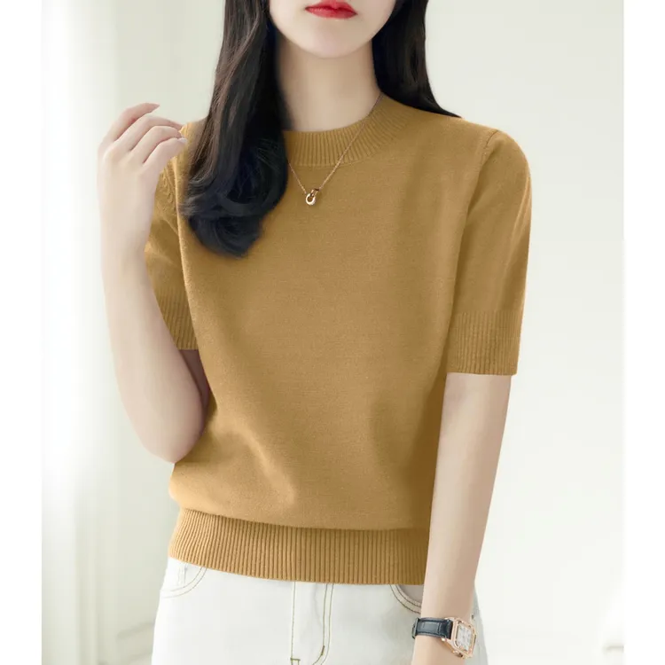 新款气质简约内搭五分袖针织衫秋季时尚宽松圆领显瘦打底上衣女装
