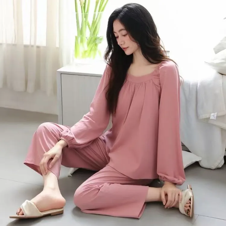 韩版气质时尚减龄粉色纯棉长袖长裤睡衣女士新款休闲慵懒风家居服