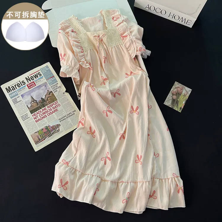 粉色蝴蝶结睡裙女夏季新款带胸垫甜美睡衣连衣裙中长款宽松家居服