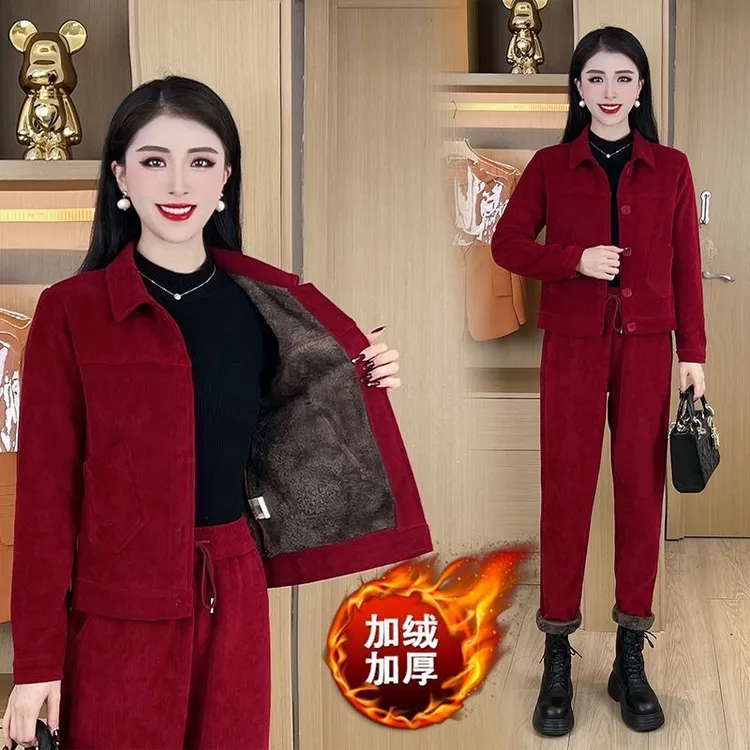 加绒加厚时尚套装女2025秋冬新款洋气灯芯绒开衫外套哈伦裤两件套