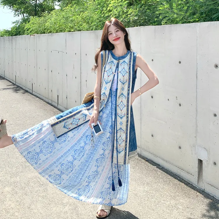 复古新中式印花马甲半身裙2025夏季新款优雅气质度假风国风套装裙