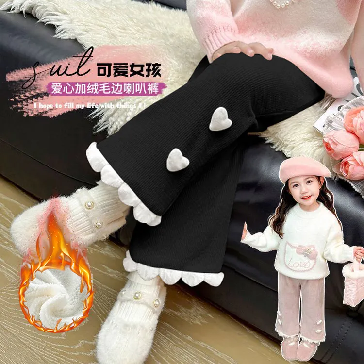 女童裤子秋冬加绒加厚一体绒喇叭裤小女孩微喇裤宝宝洋气外穿长裤
