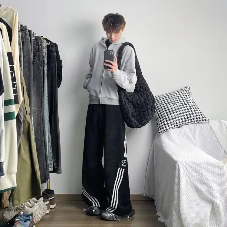 美式高街机能三条杠休闲裤夏季立体裁剪设计感宽松运动风直筒裤男