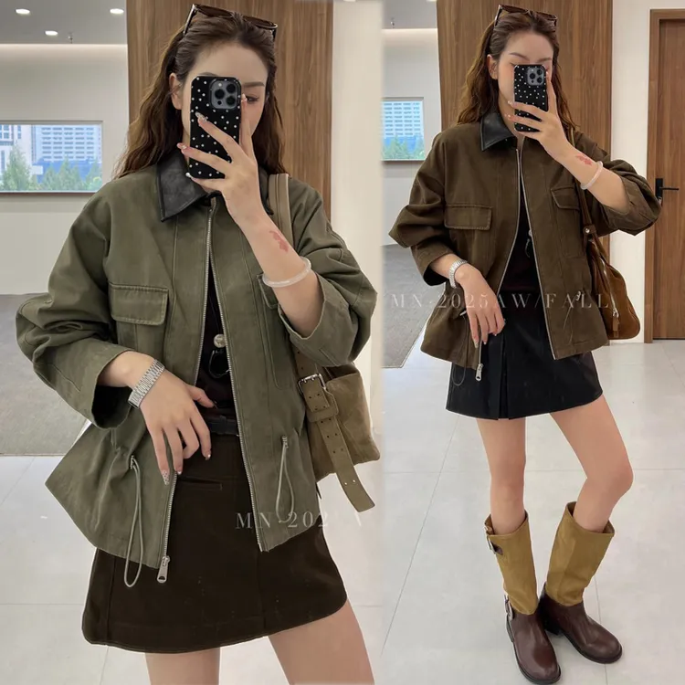 欧洲站2025秋装新款欧货潮翻领拼接pu皮领风衣外套女春秋上衣女潮