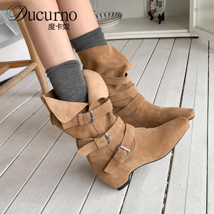 5cm高跟内增高短靴女真皮英伦风皮带扣秋冬方头堆堆靴百搭中筒靴