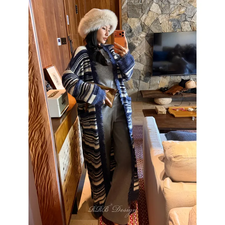 RRB Design 羊绒马海毛羊毛三纱交缠手工系结流苏毛织开衫外套