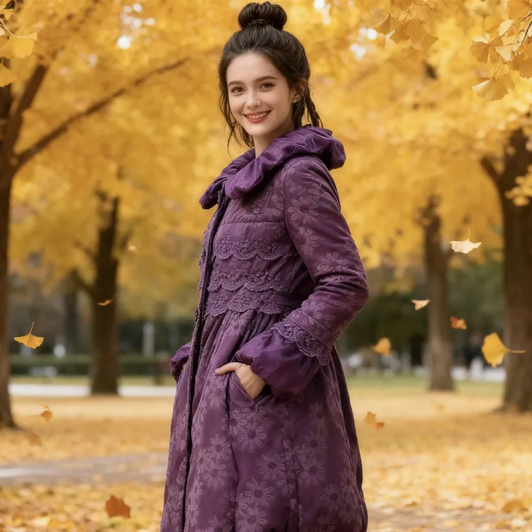 春季女装优雅收腰大摆长袖紫湘色棉服外套