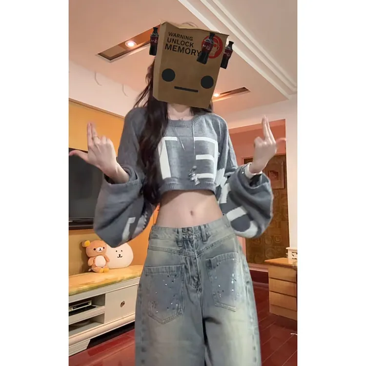 套装2025秋冬辣妹时尚洋气设计感小众长袖上衣高腰宽松直筒裤长裤