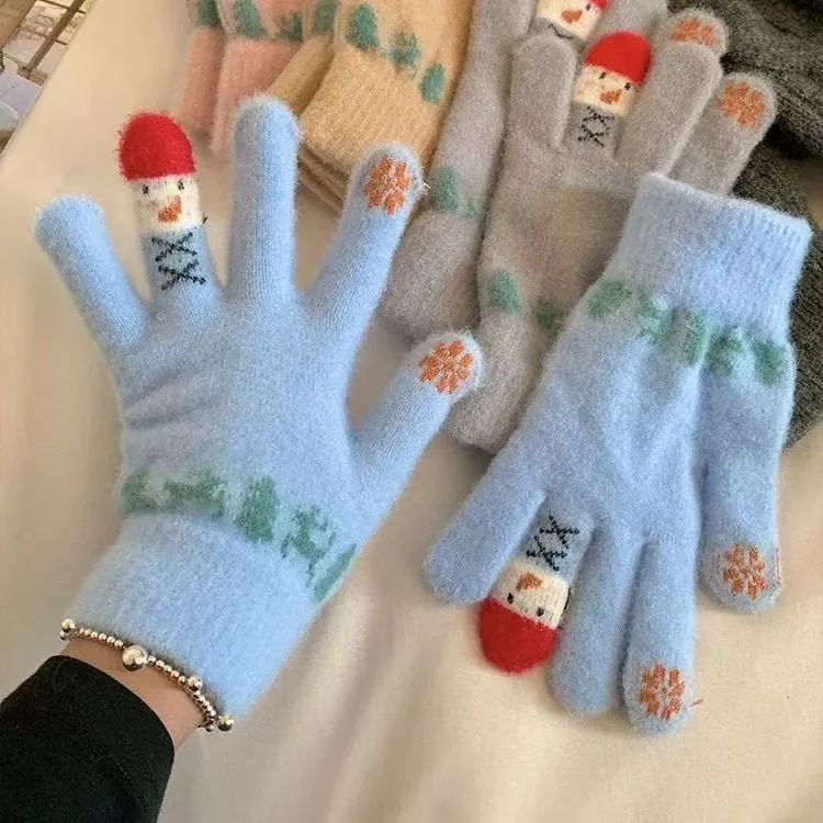 冬季全包五指手套可爱雪人针织可触屏加厚保暖骑行防寒棉手套DJ08