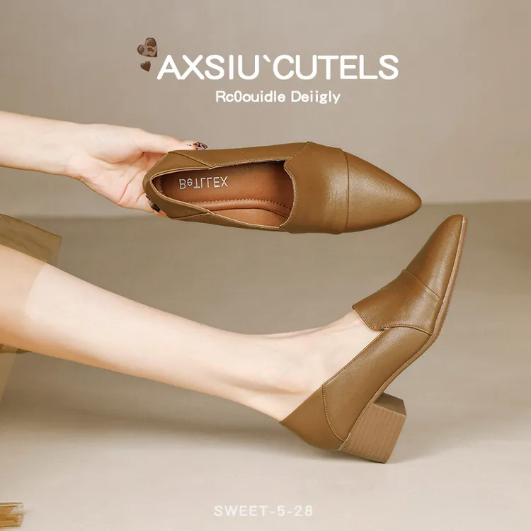 春季2025新款单鞋休闲风粗跟中跟单鞋软底真皮女鞋鞋百搭英伦风