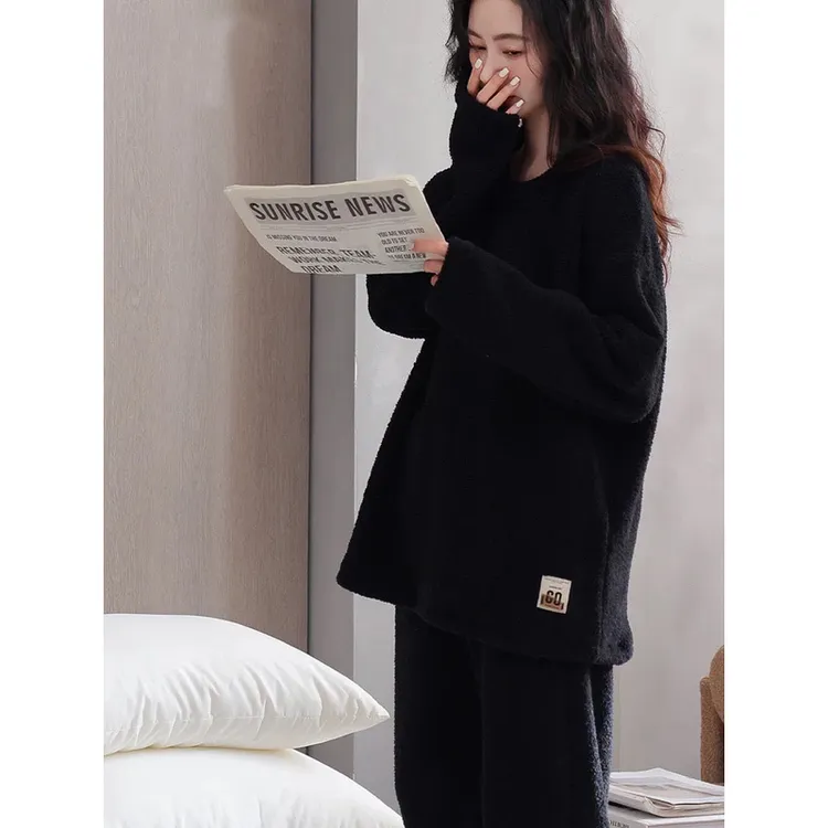 睡衣女士冬季半边绒加厚加绒保暖女款秋冬珊瑚绒大码高级感家居服