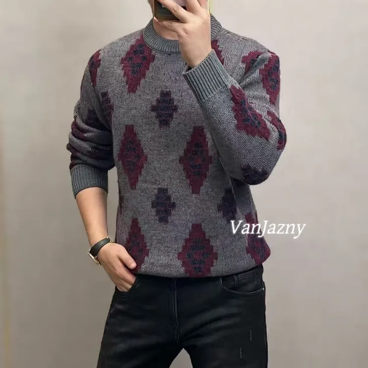 【VanJazny】新款高端男士几何图案撞色圆领羊毛衫713