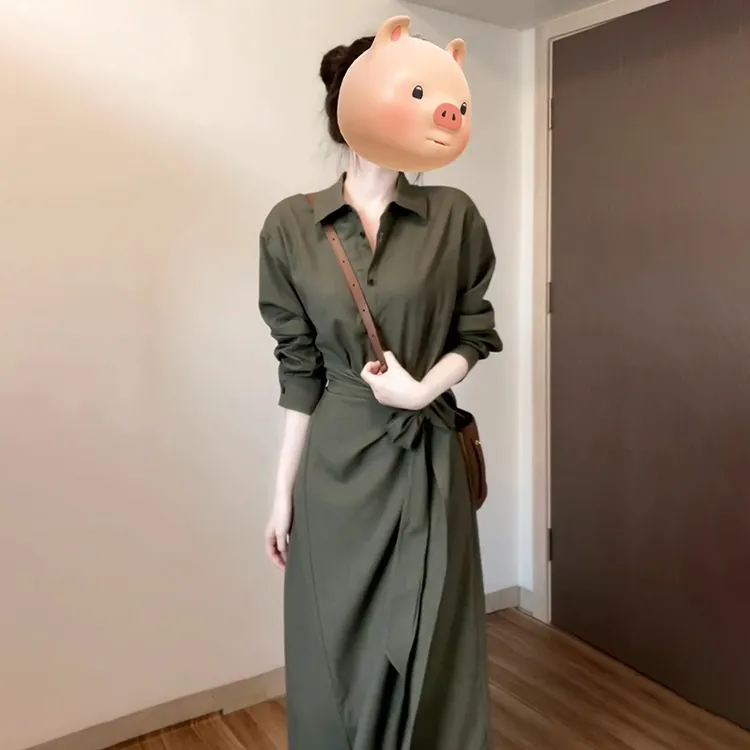 法式绿色polo领衬衫连衣裙子女夏2025早春新款高级感复古收腰长裙