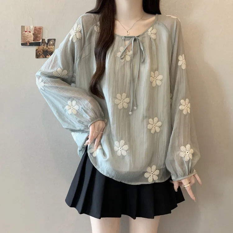 大码女装遮肚子新中式刺绣雪纺衬衫女春秋胖妹妹宽松显瘦长袖上衣
