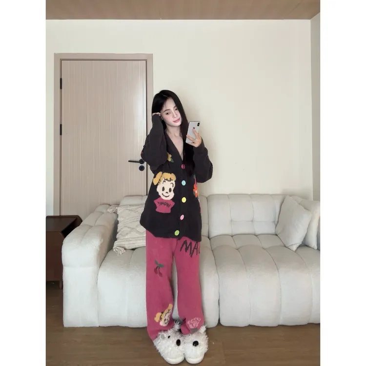 韩版撞色多巴胺小女孩印花半边绒睡衣女冬季加厚家居服套装可外穿