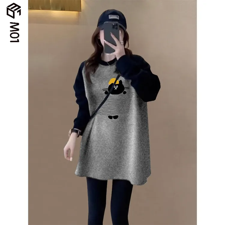 M01秋冬季设计感磨毛长袖t恤女时中长款宽松遮屁股休闲加厚打底衫