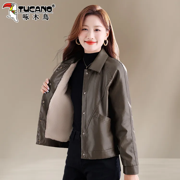 啄木鸟加绒皮衣外套女2025新款中年妈妈秋冬加厚保暖皮夹克上衣